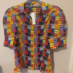 NWT Alice + Olivia Willa Silk Love Patch Blouse Puff Sleeve Size M